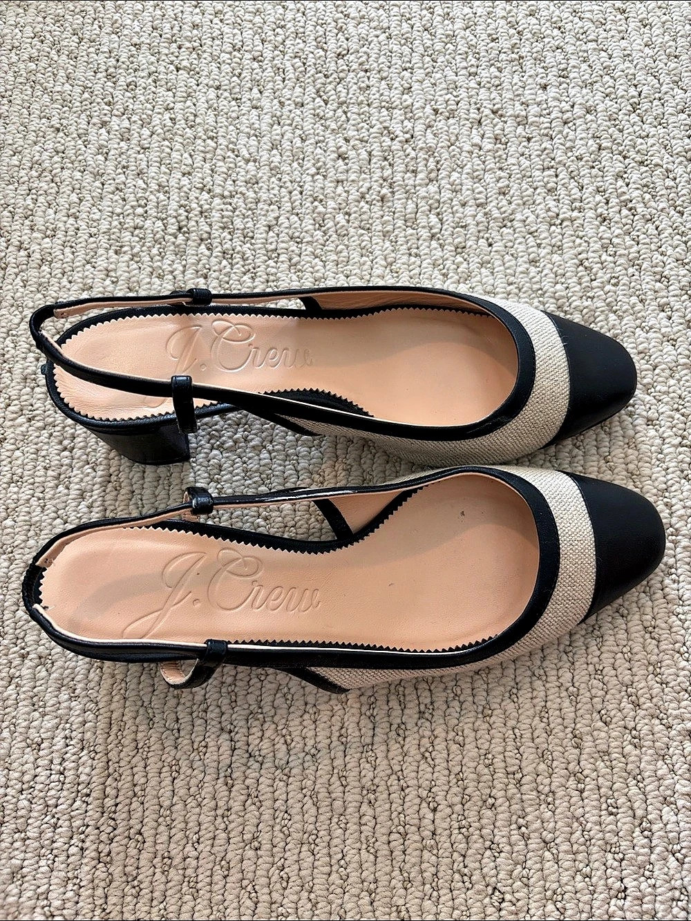 J.Crew Layne cap toe heels in Spanish canvas Slingback Heels Black & Beige US 7